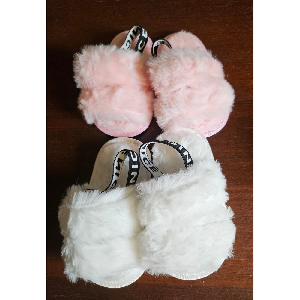 Unbranded Faux Fur Slipper Slides Kids 6 M Pink White Elastic Back Strap 2Pk
